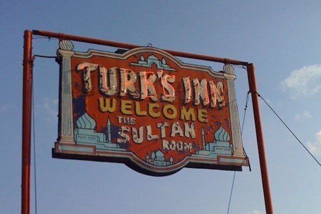 The iconic neon sign for Turk's Inn, in Hayward, Wisconsin.
